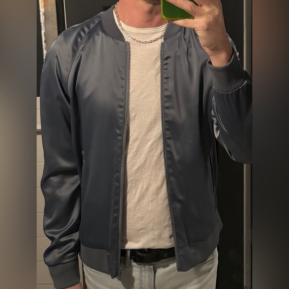 H&M satin look bomber jacket in size small steel blue color is beautiful - Picture 3 of 12